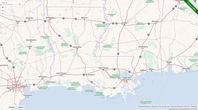 A screenshot of OpenStreetMap Americana centered on Louisiana. The state line is visible only on land and along the Mississippi, Pearl, and Sabine rivers, but not in the Gulf of Mexico or Mississippi Sound.