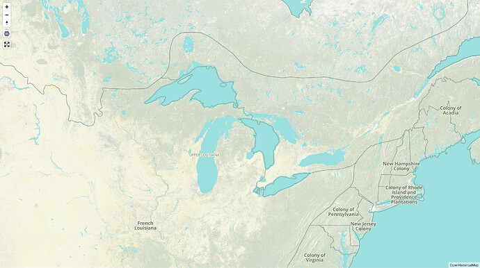 Map of the Great Lakes in 1725 showing three of the lakes cut out of French Louisiana.