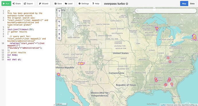 Screenshot of Overpass turbo highlighting 14 boundaries across the country.