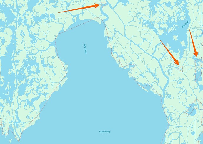 Close up of the locator shape (in red), showing the difference from the detailed shoreline, as well as some odd small artifacts (orange arrows).