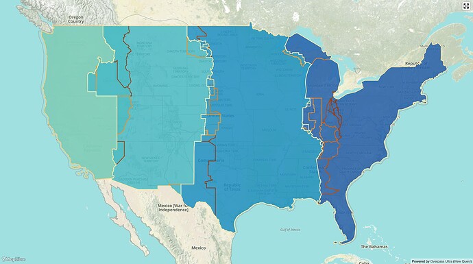 The contiguous U.S. highlighting time zone boundaries and changes thereto.