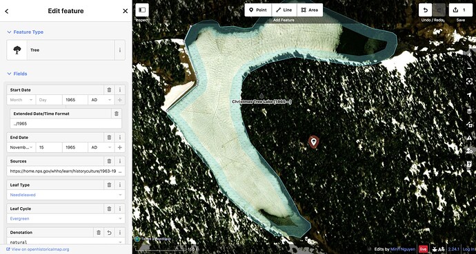 Screenshot of iD showing a frozen-over Christmas Tree Lake, labeled with the timespan 1965 to present, and an individual tree selected, with the sidebar showing a start date of 1965 AD in a structured field, with an EDTF date below it in a dedicated text box, and an end date of November 15, 1965 AD, all human-readable.