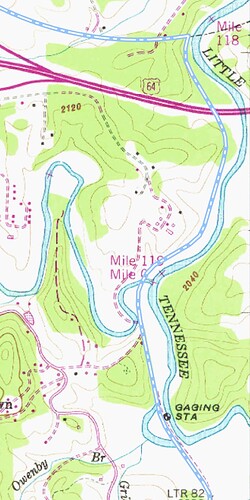 The USGS Topographic Maps layer shows no railroad running along the Little Tennessee River south of Franklin, Tennessee; all that’s left is a freeway.