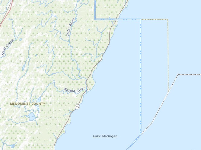 The topographic basemap shows the county line to the east of the boundary in OHM.