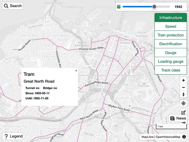 Auckland’s tram network as of 1942 highlighted against a modern map of the city. A popup details the Great North Road tram, in service from 27 July 1930 to 20 November 1953.