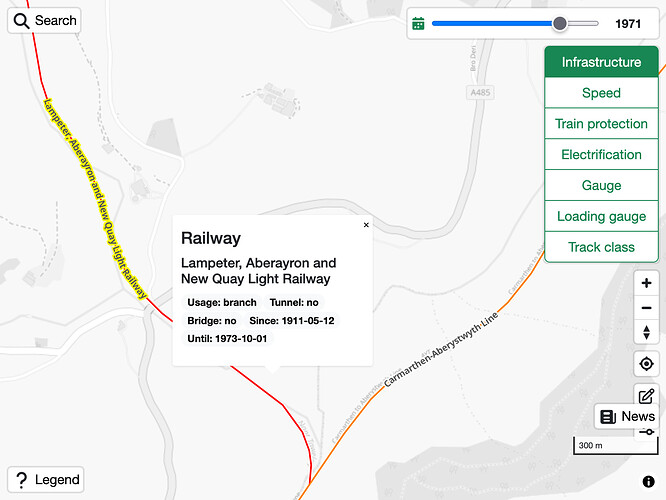 The Lampeter, Aberayron and New Quay Light Railway, a branch line in operation from 12 May 1911 to 1 October 1973, where it joins the Carmarthen-Aberystwyth Line.