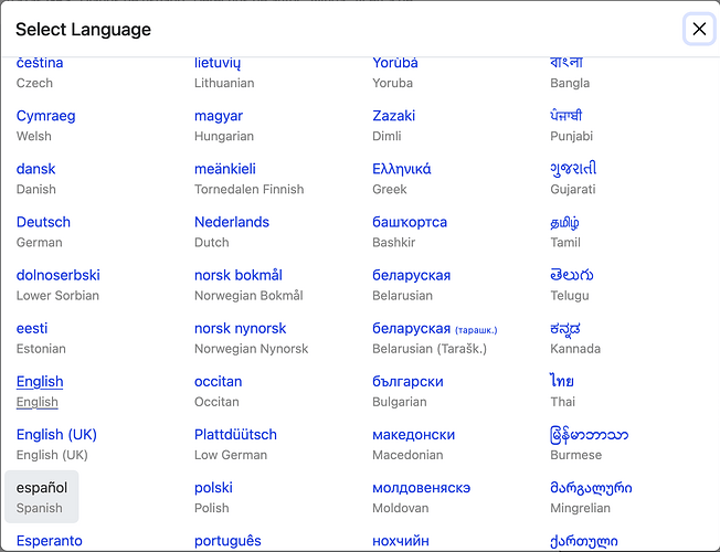 The Select Language menu with Spanish selected and English highlighted.