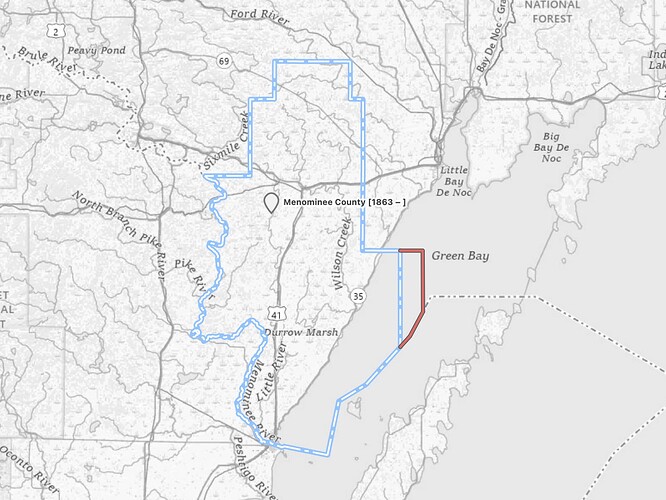 The topographic basemap shows the county line to the east of the boundary in OHM.