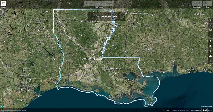 A screenshot of iD showing the entire boundary relation for Louisiana against Bing aerial imagery of the Gulf Coast. The boundary relation extends out to the state territorial limit, beyond the Chandeleur Islands, Mississippi River Delta, and other barrier islands.