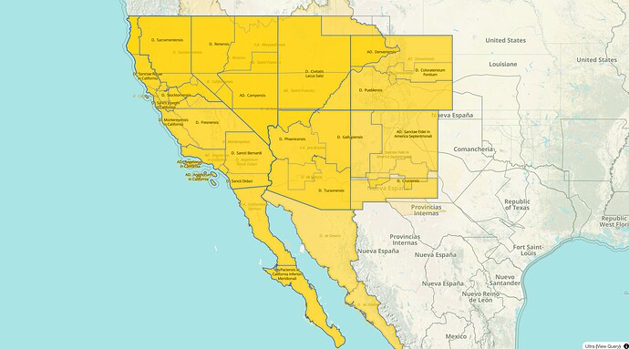 All-time cumulative map highlighting all the diocese equivalents in present-day California, Nevada, Utah, Colorado, Arizona, New Mexico, and to a lesser extent in present-day Baja California, Baja California Sur, Sonora, and Sinaloa. Each diocese equivalent is labeled with its Latin name.