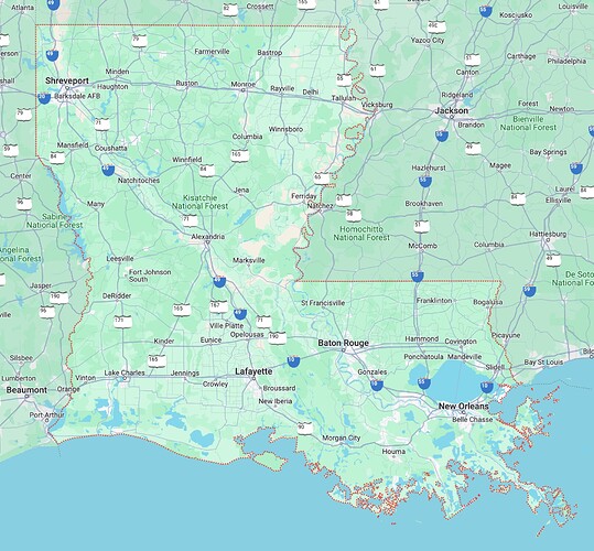 Google Maps Louisiana locator shape (in red)