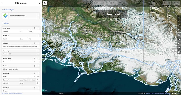 A screenshot of the Alaska state line according to the Newberry Library against Bing aerial imagery. The state boundary relation omits the Bering Glacier up to the Yukon border, cutting mainland Alaska into multiple islands.
