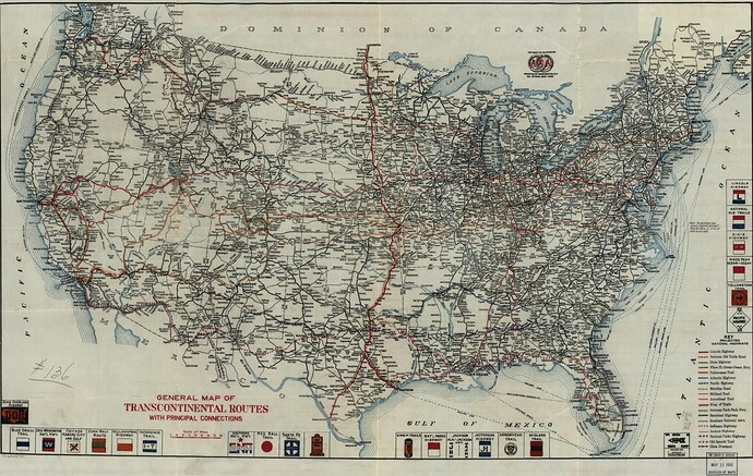 General map of transcontinental routes with principal connections, AAA, 1918, https://www.loc.gov/resource/g3701p.ct001837/?r=0.16,0.473,0.303,0.176,0
