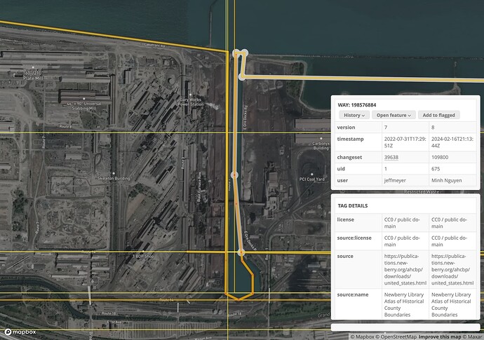 A screenshot of OSMCha viewing a changeset that deleted the ways that excluded Gary Harbor from Indiana. The harbor extends about 5,000 feet away from Lake Michigan but mostly measures less than 250 feet wide.