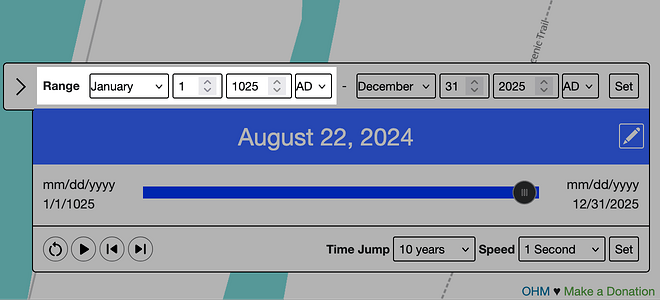 A screenshot of the time slider panel focused on the left end of the Range control, which contains a dropdown menu for the month, stepper controls for the day of the month and the year, and a dropdown menu for the era.