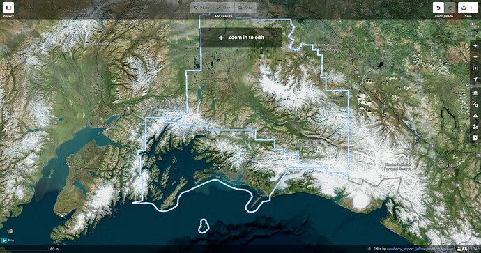 The Chugach and Copper River census areas as currently mapped, overlaid upon aerial imagery. The newly mapped boundaries are much simpler because they extend into the water. An island in the Pacific Ocean has also been added to one of the boundaries, having been omitted from the import.